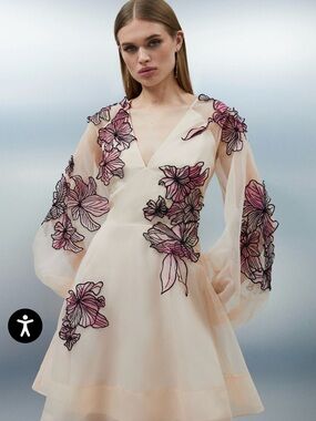 Karen Millen Floral Applique Organdie Woven Balloon Sleeve Mini Dress NWT